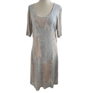 Tommy Bahama Paisley Scoop Neck 3/4 Sleeve Stretchy Midi Dress Gray + Tan Medium
